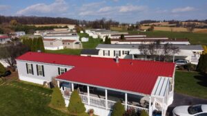 Aerial shot of a completed new roof in York PA