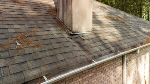 a water damaged roof with debris on it