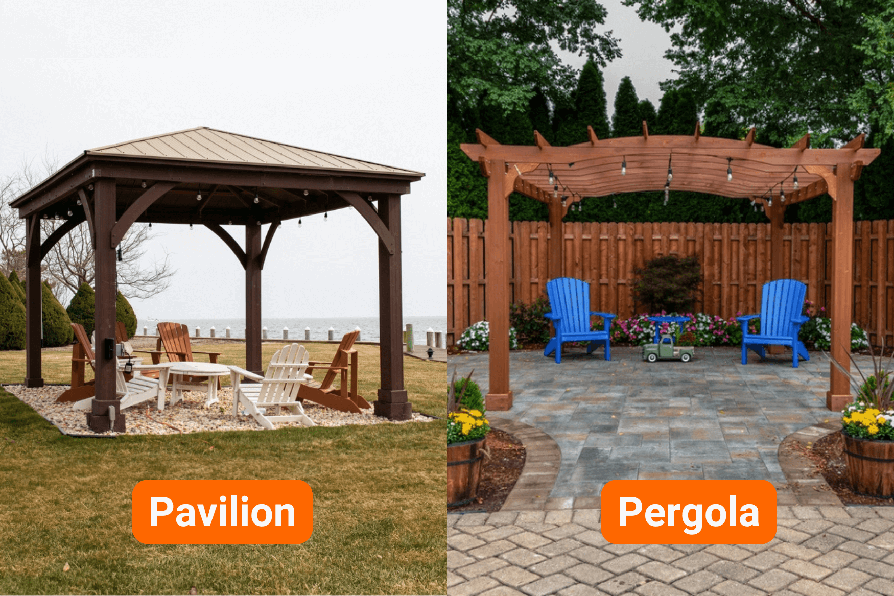 A comparison showing the difference between a pavilion and a pergola